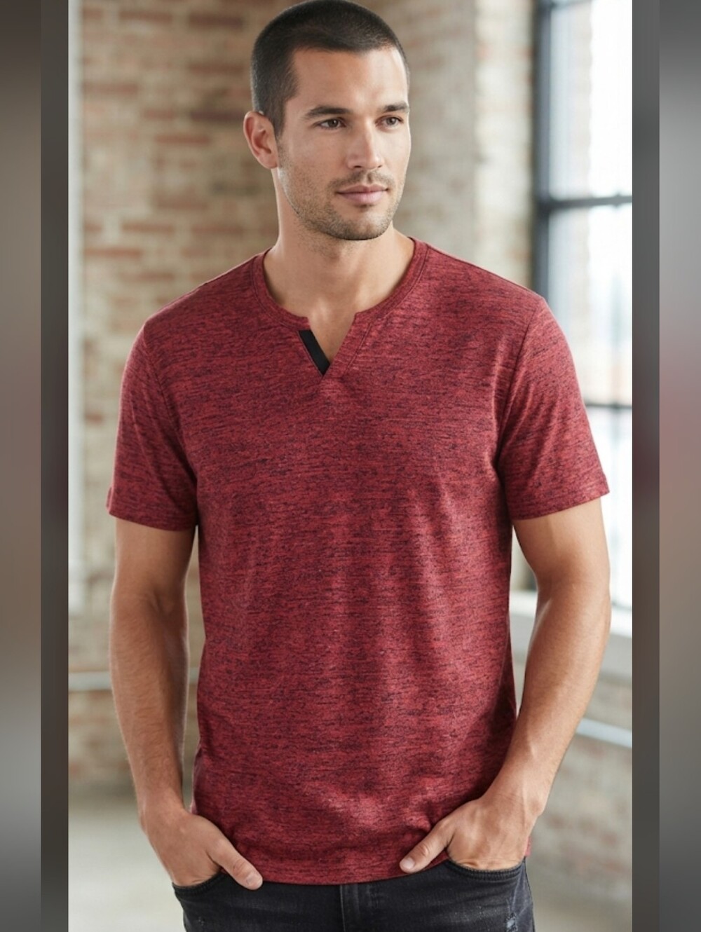 INC International Concepts Men's Split V-Neck Heathered Space Dye